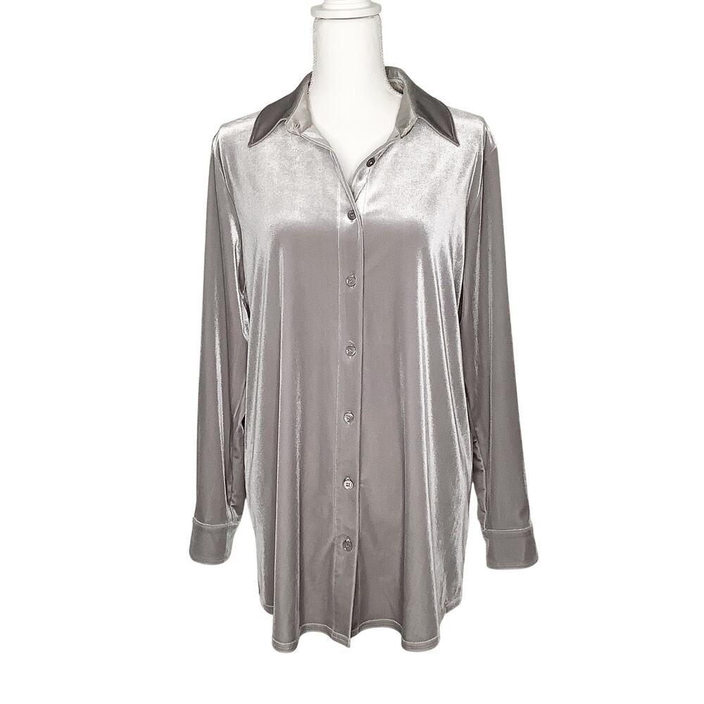 Soft Surroundings Gray Velvet Boyfriend Tunic Button Down Shirt Medium